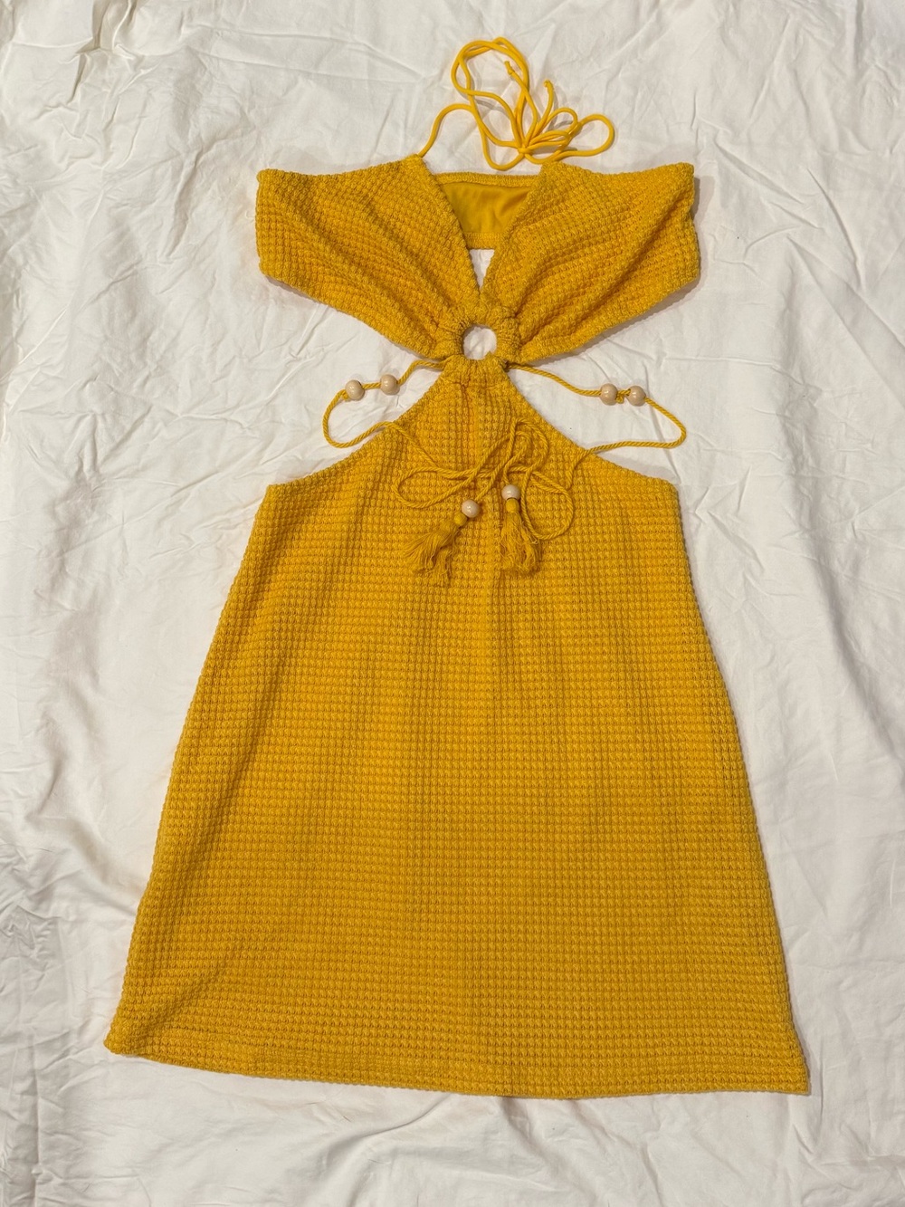 NWOT Mustard Halter Cutout Knit Mini Dress